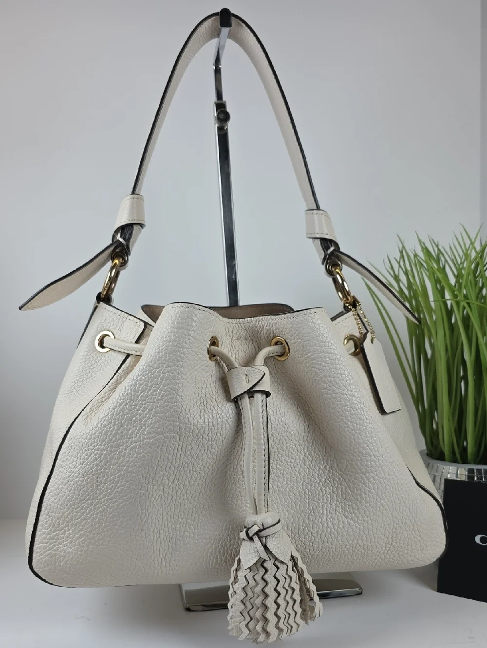 Coach Everly White Pebbled Leather Drawstring Shoulder Bag